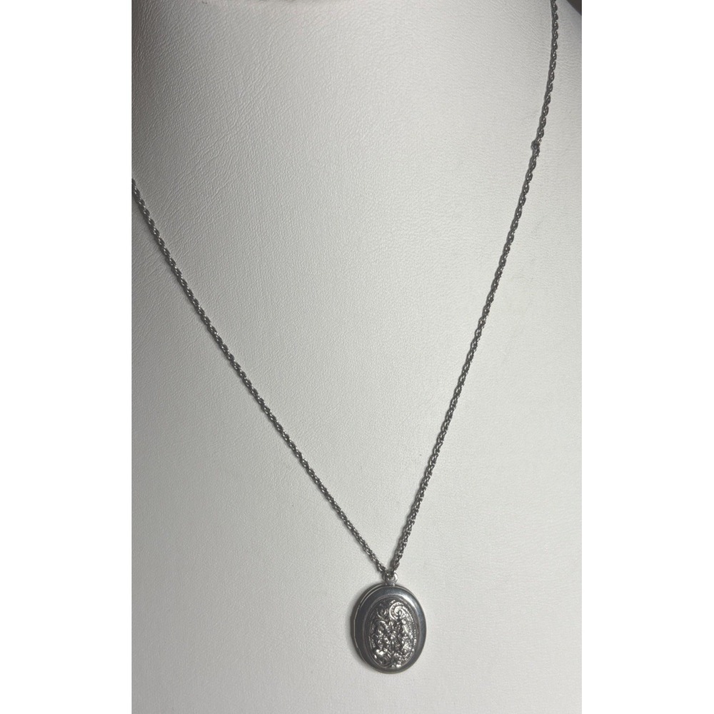 1928 Jewelry Silver Tone Clear Rhinestone Oval Photo Locket Necklace